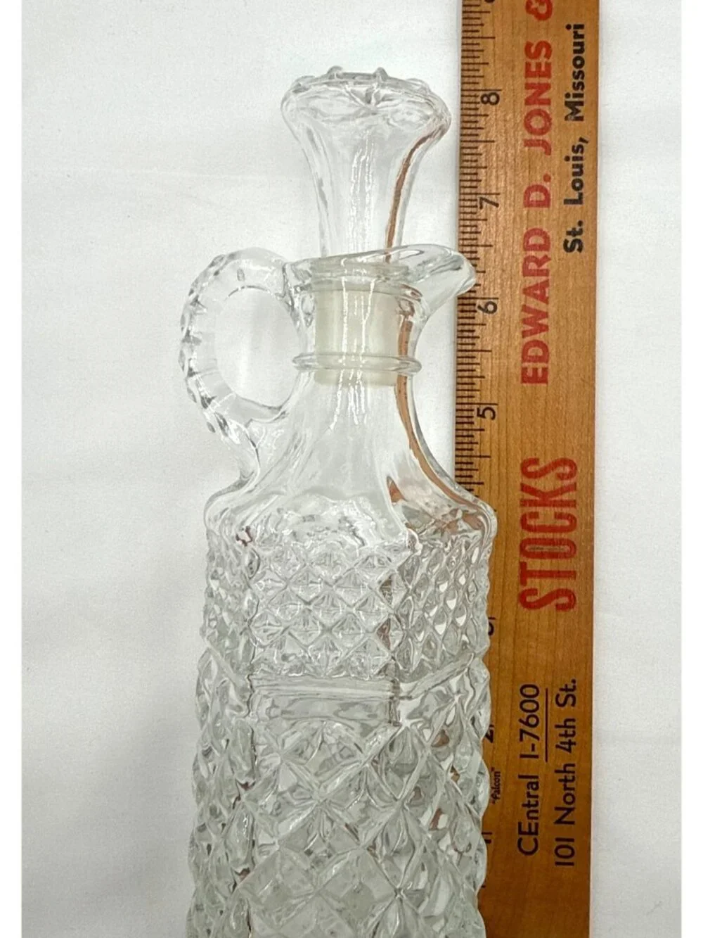 Vintage Glass Oil & Vinegar Cruet W/ Stopper Diamond Pattern Clear Glass